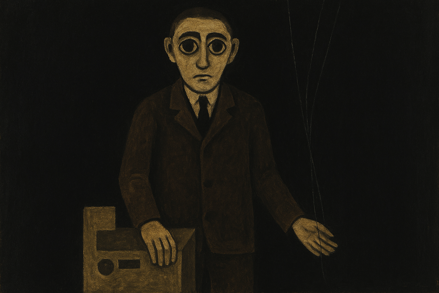A single figure in a dark suit stands frontally against a deep black background, in the style of Niko Pirosmani, Georgian naive art, primitive painting. The figure has oversized, melancholic eyes staring directly at the viewer. One hand rests on a simple, geometric machine or console rendered as flat shapes. Thin, almost invisible threads extend from the figure's other hand upward, disappearing into darkness. Muted earth tones – ochre, burnt sienna, dusty grey – against black. No perspective, no depth, flat composition. The face expressionless yet somehow sad. Simple forms, no details, emotional directness. The mood is heavy, silent, inevitable.