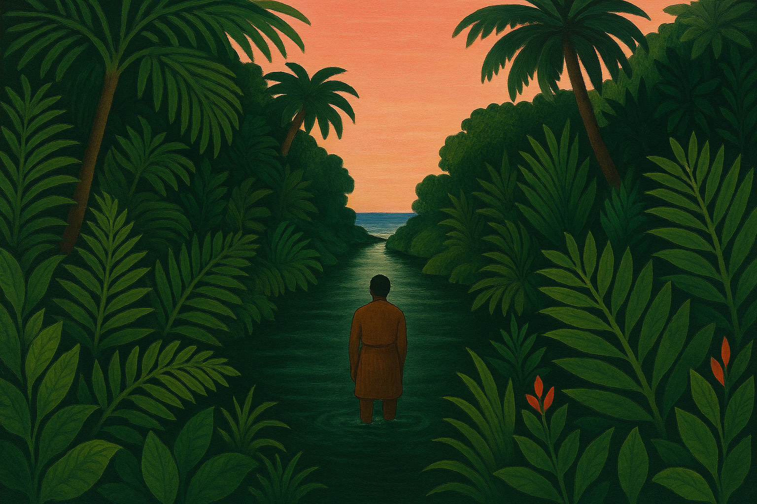 A river flowing through dense tropical jungle toward a distant sea, in the style of Henri Rousseau. Lush oversized ferns, palms, and broad leaves frame the dark green water. A solitary figure stands knee-deep in the river, seen from behind, gazing toward the horizon. Flat perspective, dreamlike stillness, naive painting style with crisp outlines and saturated colors. No text, no symbols. Pink sunset sky.