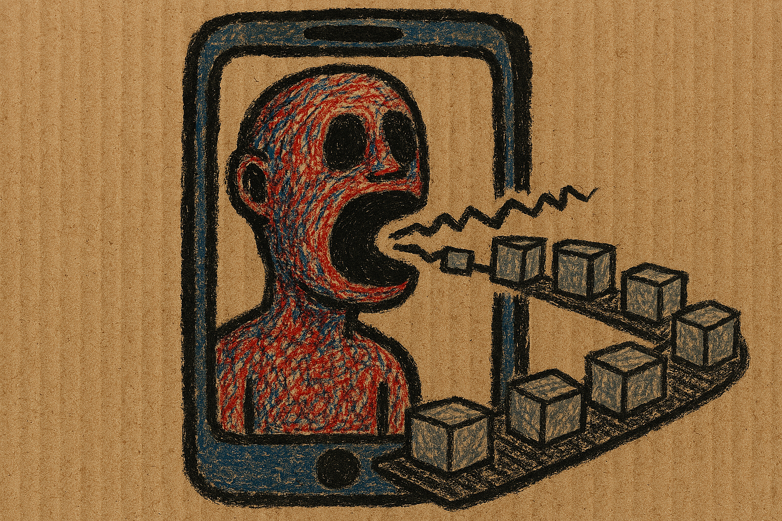 A raw Art Brut painting on rough cardboard. A screaming human figure made of thick black outlines filled with dense red and blue crosshatching, trapped inside a giant smartphone screen. Words come out of the figure's mouth but transform into identical small grey packages on a conveyor belt. Childlike but menacing. Gouache and crayon texture, rough surface, anti-aesthetic, primitive expressionism.